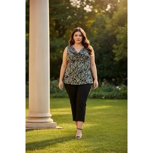 Anne Klein Floral Cowl Neck Sleeveless Top Green Black White Jersey Knit Blouse